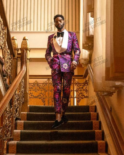 Costum Homme Roșu Imprimat Costume la două piept pentru bărbați Terno Masculino smoking pentru bărbați Costume de petrecere de bal Costum de nuntă floral