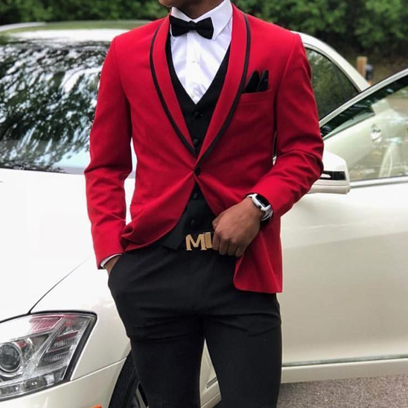 Costume pentru bărbați slim fit, 3 piese, pentru nuntă, smoking de mire, personalizat, set de haine de modă pentru bărbați africani, vestă roșie cu pantaloni negri