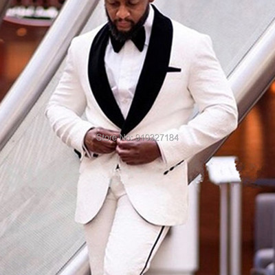 Tuxedo de nuntă alb pentru domnișoare cu rever de șal din catifea neagră 2 piese, slim fit, costume pentru bărbați, set de modă pentru bărbați, jachetă cu pantaloni