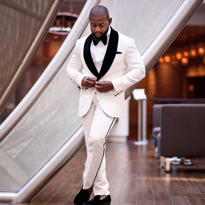 Tuxedo de nuntă alb pentru domnișoare cu rever de șal din catifea neagră 2 piese, slim fit, costume pentru bărbați, set de modă pentru bărbați, jachetă cu pantaloni