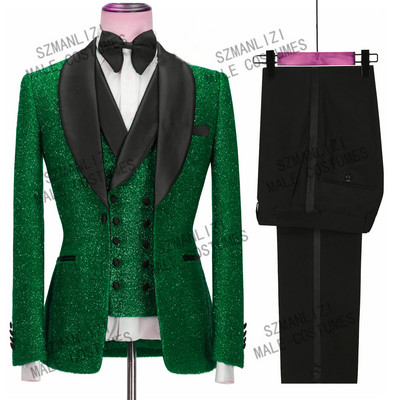 JELTONEWIN Custom Made Fashion Negru strălucitor Costume pentru bărbați 3 bucăți șal rever Brand Designer petrecere de nuntă smoking jachetă vestă pantaloni