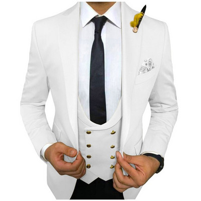 Slim Fit, alb, ocazional, costume pentru bărbați pentru petrecere, smoking de nuntă, 3 piese, cu vestă dublu, pantaloni negri, blazer de modă pentru bărbați