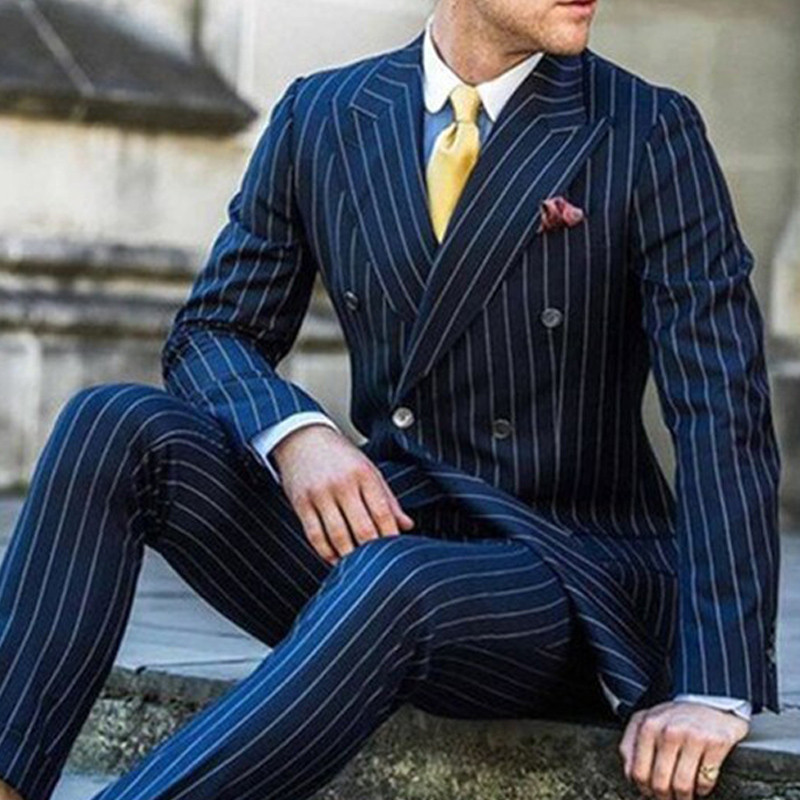 Costume pentru bărbați cu dungi slim fit pentru iubit cu smoking de nuntă în 2 piese, costum de modă, jachetă, pantaloni