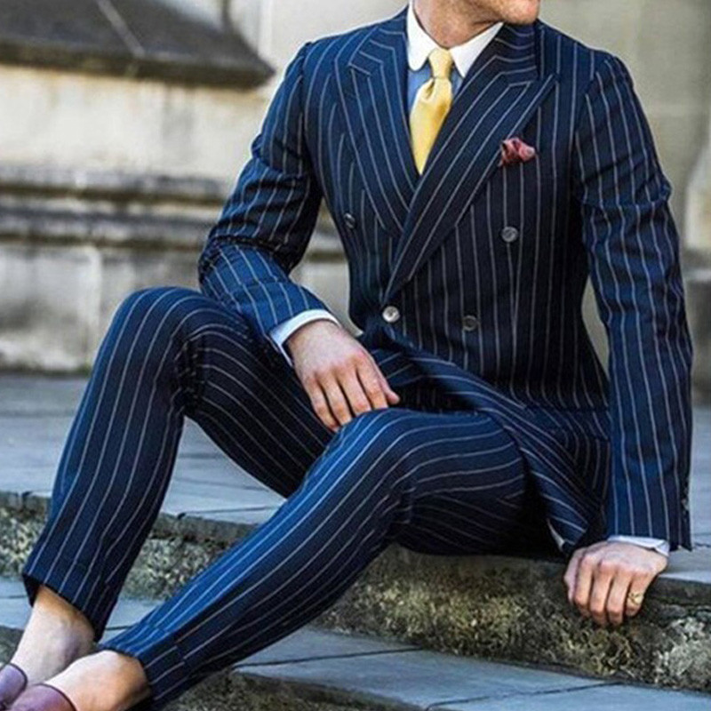 Costume pentru bărbați cu dungi slim fit pentru iubit cu smoking de nuntă în 2 piese, costum de modă, jachetă, pantaloni