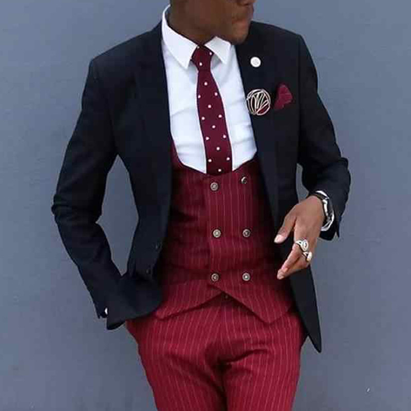 Costume de bărbați cu dungi roșii, slim fit, pentru nuntă, bal de absolvire, smoking de mire, 3 piese, set pentru bărbați, jachetă neagră, vestă cu pantaloni, modă masculină personalizată