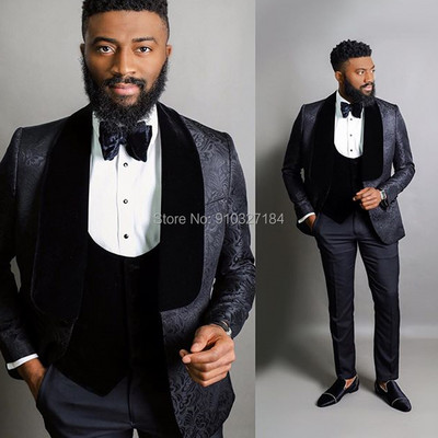 Costume pentru bărbați de bal 3 piese pentru bărbați de catifea neagră șal cu rever de nuntă smoking pentru bărbați set de modă jachetă vestă cu pantaloni negri