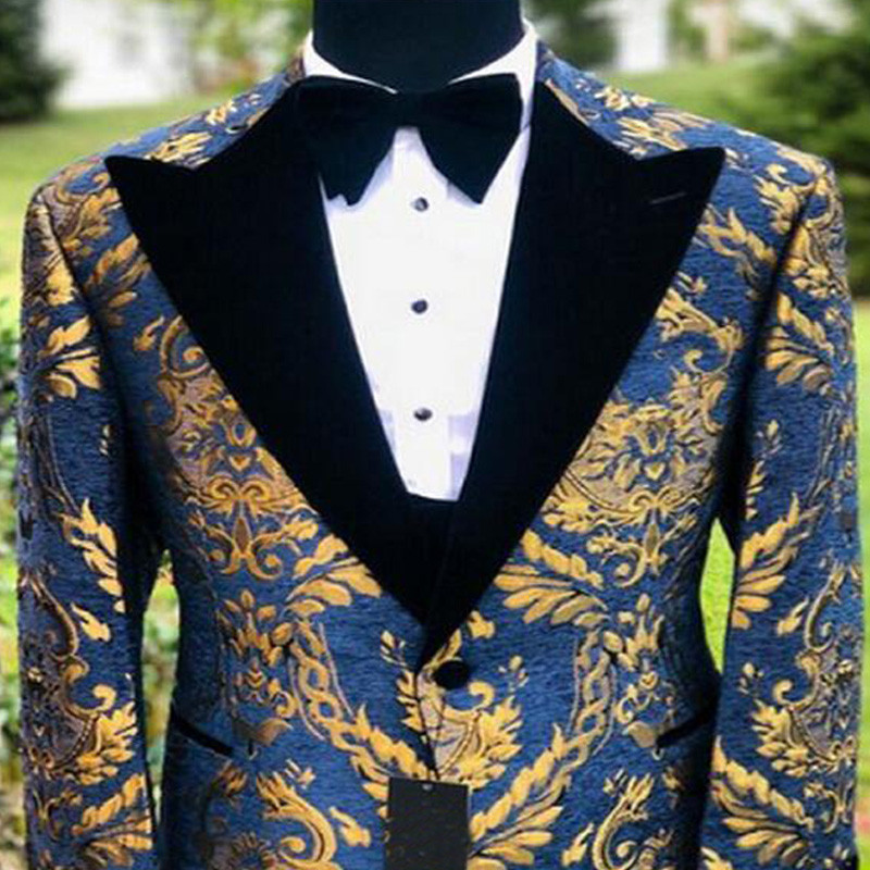 Costume de bal jacquard, auriu, albastru, pentru bărbați, 2 piese, smoking de nuntă, personalizat, floral, costum masculin, jachetă cu pantaloni negri 2020