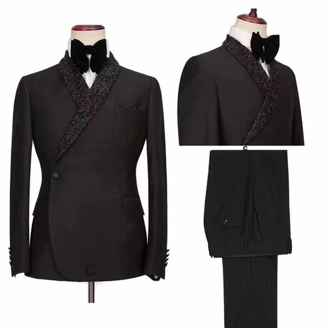 Costume pentru bărbați slim fit cu șal negru cu rever de nuntă Tuxedo pentru bărbați de bal Blazer 2 piese costum jachetă pantaloni