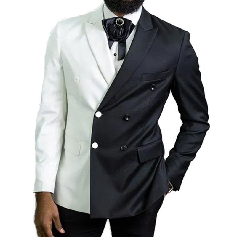 Costume pentru bărbați alb și negru, slim fit, cu două piepte, rever cu vârf, smoking de nuntă pentru mire, 2 piese, moda masculină africană