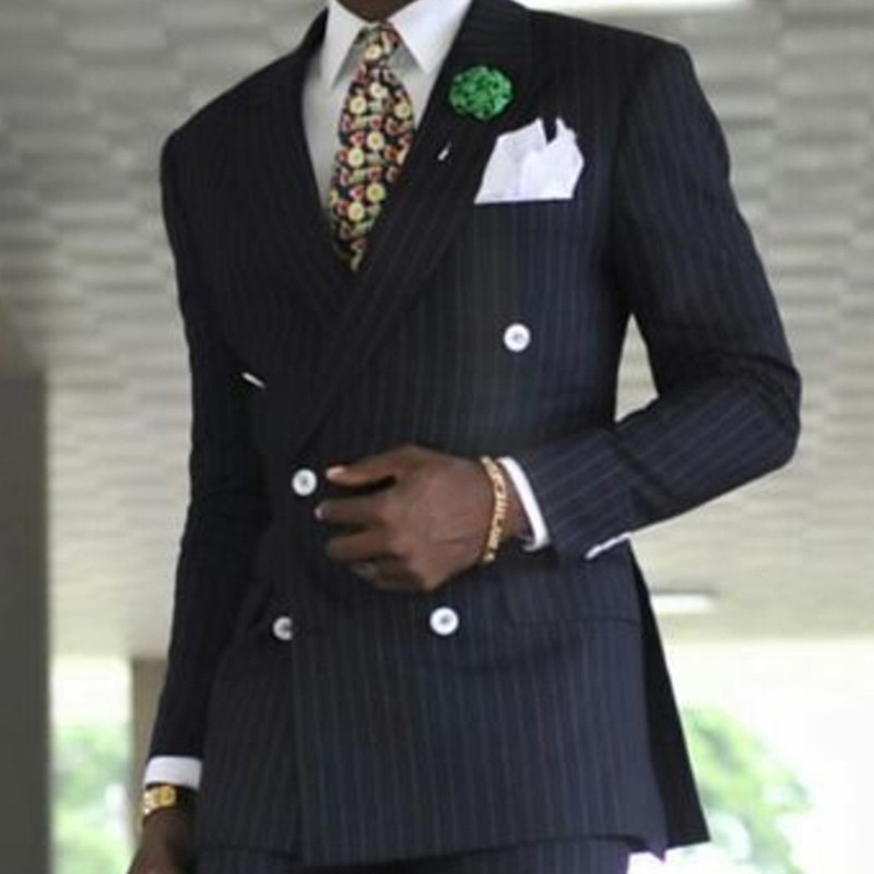 Costume pentru bărbați de afaceri cu dungi cu două piese, smoking de mire bleumarin, cu rever cu vârf, costum de nuntă la modă pentru bărbat