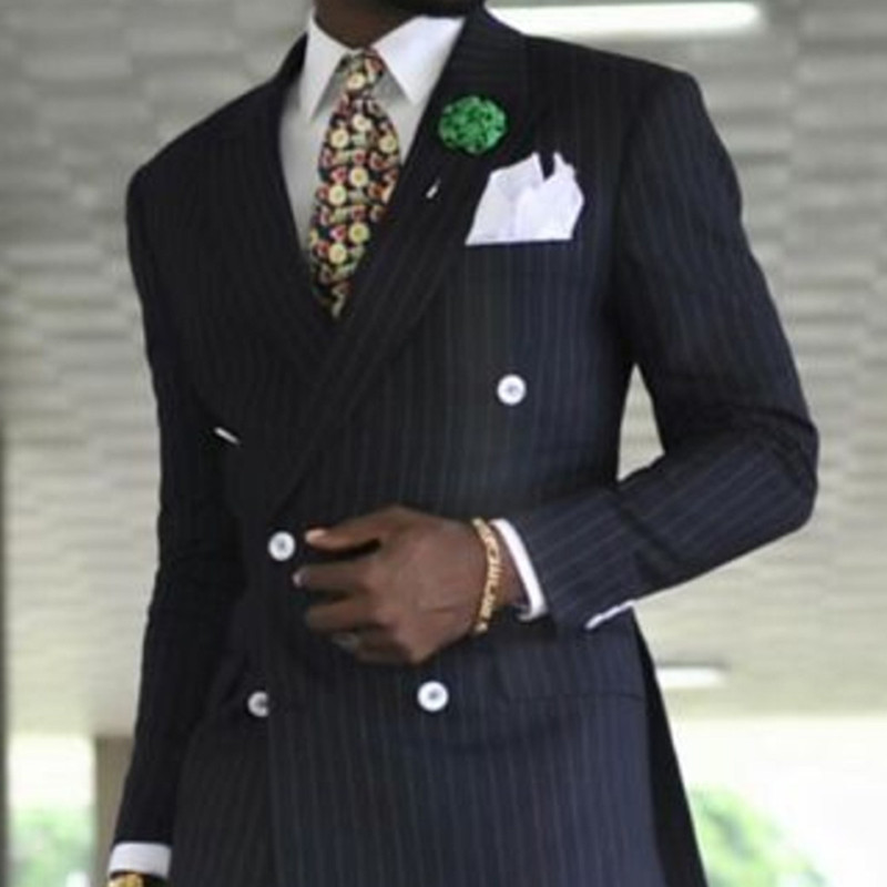 Costume pentru bărbați de afaceri cu dungi cu două piese, smoking de mire bleumarin, cu rever cu vârf, costum de nuntă la modă pentru bărbat