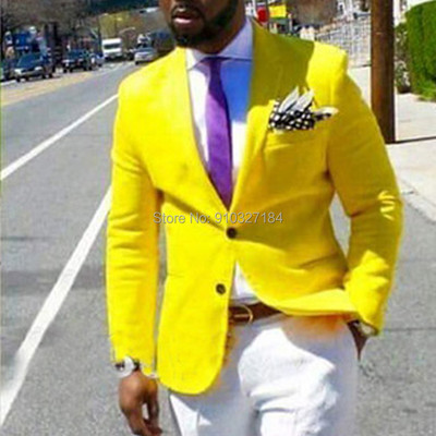 Costume pentru bărbați, cu pantaloni albi, slim fit, ocazional, galben, 2020, pentru bărbați la modă, smoking, blazer, costum de nuntă