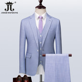 (Jachetă + Vestă + Pantaloni) Marca Vară Subțire Culoare Solidă Bărbați Formal Business Costum Slim 3 Piese Mire Rochie de nuntă Albastru