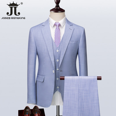 (Jachetă + Vestă + Pantaloni) Marca Vară Subțire Culoare Solidă Bărbați Formal Business Costum Slim 3 Piese Mire Rochie de nuntă Albastru