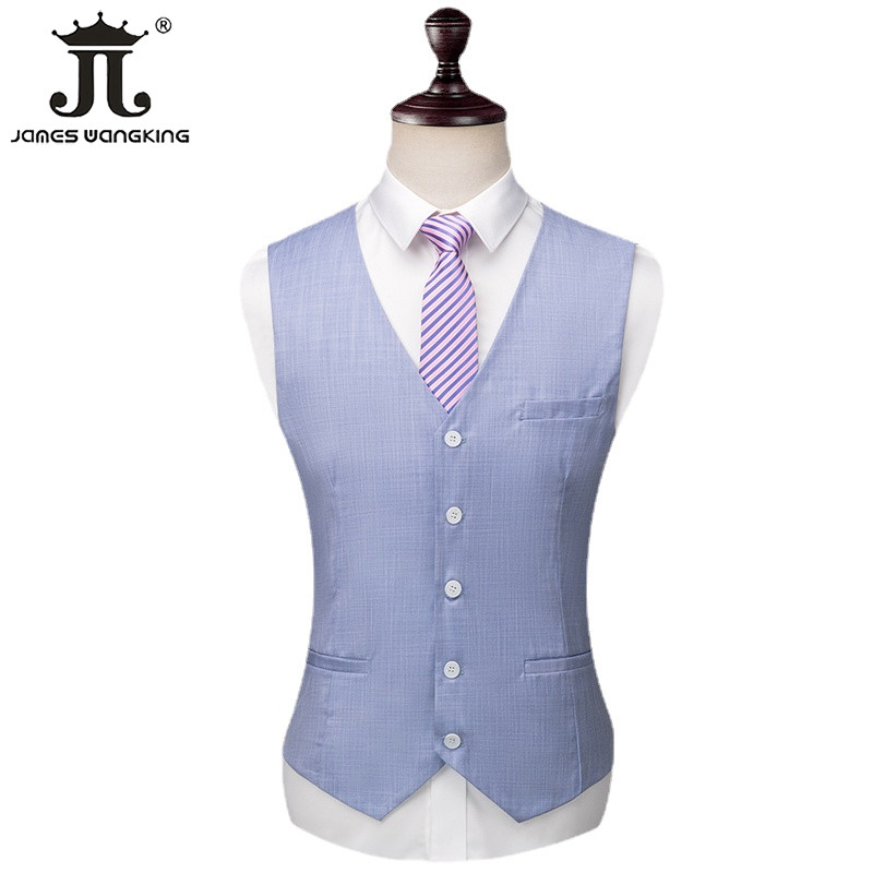 (Jachetă + Vestă + Pantaloni) Marca Vară Subțire Culoare Solidă Bărbați Formal Business Costum Slim 3 Piese Mire Rochie de nuntă Albastru