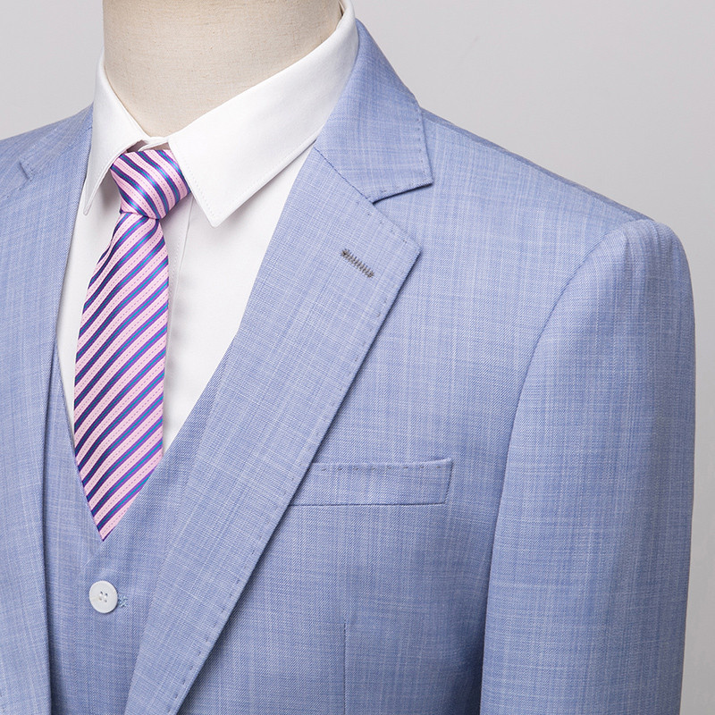 (Jachetă + Vestă + Pantaloni) Marca Vară Subțire Culoare Solidă Bărbați Formal Business Costum Slim 3 Piese Mire Rochie de nuntă Albastru