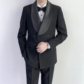 Tuxedo de nuntă negru pentru mire cu nod chinezesc, rever, costume pentru bărbați, bal de absolvire, slim fit, 2 buc (jachetă + pantaloni)