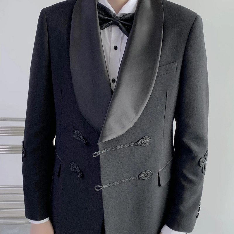 Tuxedo de nuntă negru pentru mire cu nod chinezesc, rever, costume pentru bărbați, bal de absolvire, slim fit, 2 buc (jachetă + pantaloni)