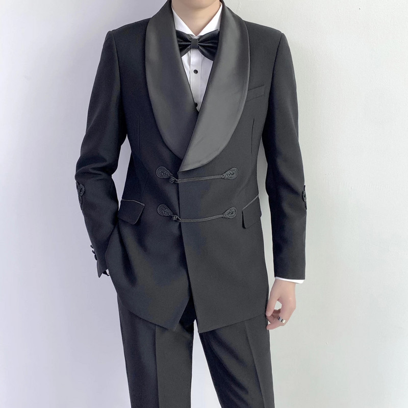Tuxedo de nuntă negru pentru mire cu nod chinezesc, rever, costume pentru bărbați, bal de absolvire, slim fit, 2 buc (jachetă + pantaloni)