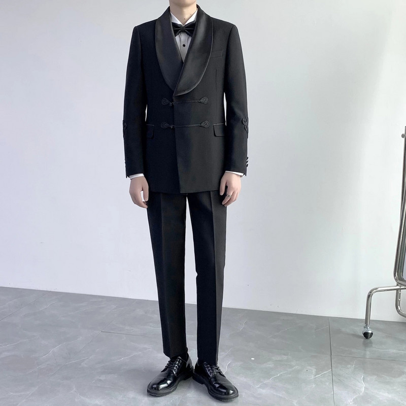 Tuxedo de nuntă negru pentru mire cu nod chinezesc, rever, costume pentru bărbați, bal de absolvire, slim fit, 2 buc (jachetă + pantaloni)
