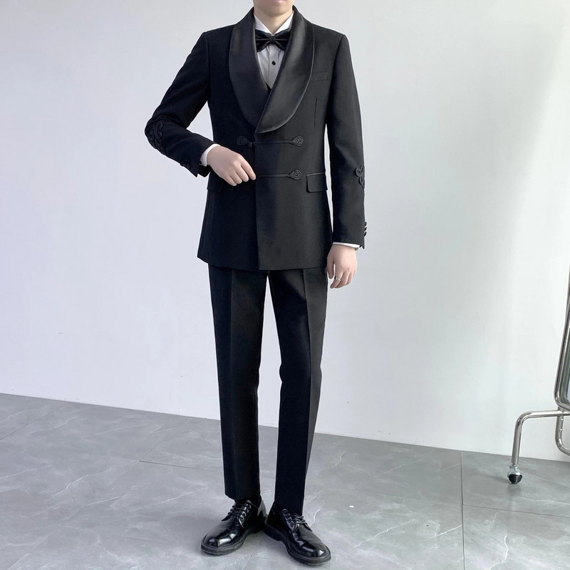 Tuxedo de nuntă negru pentru mire cu nod chinezesc, rever, costume pentru bărbați, bal de absolvire, slim fit, 2 buc (jachetă + pantaloni)