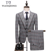 Bărbați 2019, gri deschis, carouri, costume de nuntă pentru bărbați, îmbrăcăminte în stil coreean, costum pentru bărbați, slim fit, clasic, 3 piese, costum formal de afaceri