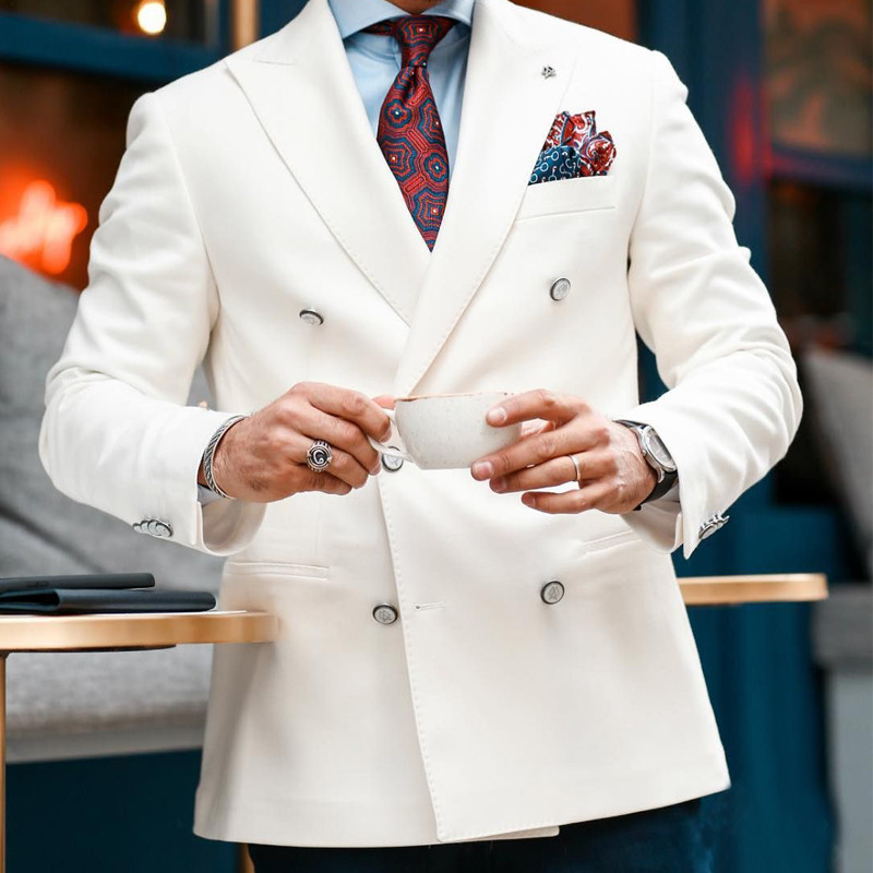 Costume alb pentru bărbați la două piese, smoking de nuntă formal, 2 piese, pentru bărbați, set de haine la modă, jachetă cu pantaloni negri