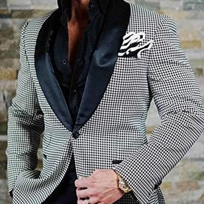 Costume de bărbați în carouri, 2 piese, cu rever șal, smoking de nuntă, pentru bărbați, în carouri, set de haine de modă, jachetă, pantaloni