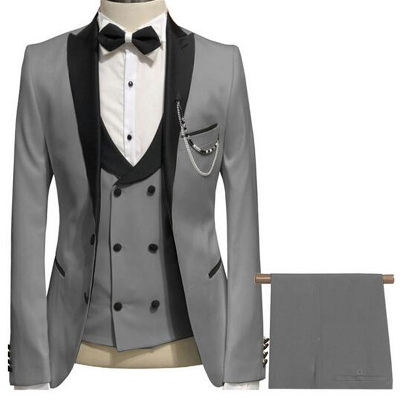 Slim fit Tuxedo de mire formal pentru nuntă Balul de absolvire Costume alb pentru bărbați, 3 piese, cu rever negru, costum personalizat pentru bărbați 2020