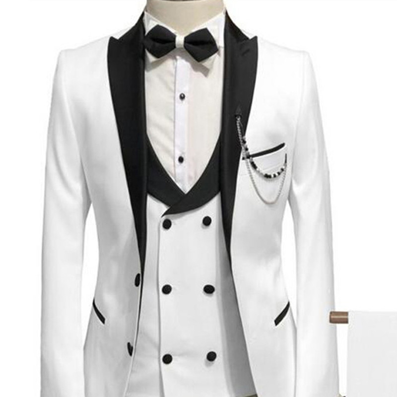 Slim fit Tuxedo de mire formal pentru nuntă Balul de absolvire Costume alb pentru bărbați, 3 piese, cu rever negru, costum personalizat pentru bărbați 2020