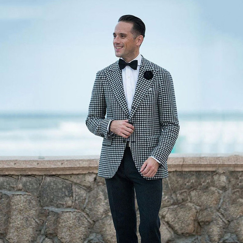 Costume pentru bărbați din picior de gală în carouri pentru nuntă, bal de absolvire, smoking de mire, în carouri, set pentru bărbați, blazer cu pantaloni negri, haine de modă pentru bărbați