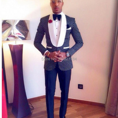 Costume pentru bărbați cu buline în carouri, smoking pentru bărbați, 2 piese, albastru marine, pentru nunta, bal de absolvire, cu rever cu șal alb, modă personalizată pentru bărbați