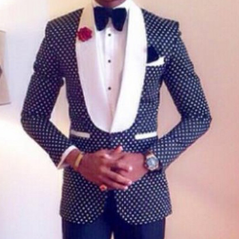 Costume pentru bărbați cu buline în carouri, smoking pentru bărbați, 2 piese, albastru marine, pentru nunta, bal de absolvire, cu rever cu șal alb, modă personalizată pentru bărbați