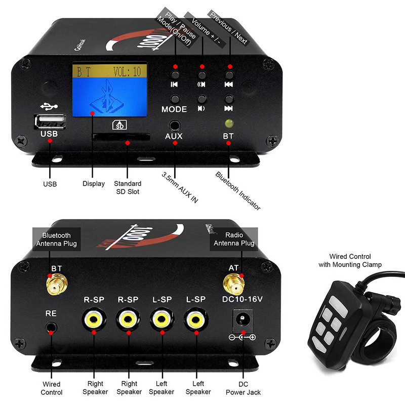 4 buc. Audio Motocicletă Difuzoare Bluetooth Motocicletă Amplificator Barcă Impermeabil Player Stereo Motocross USB, Control prin cablu AUX