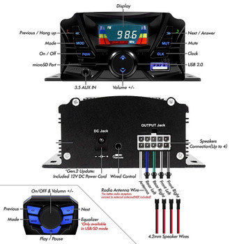 3-инчови мотоциклетни водоустойчиви Bluetooth високоговорители 4-канален усилвател Mp3 музикален звук o Стерео усилвателна система