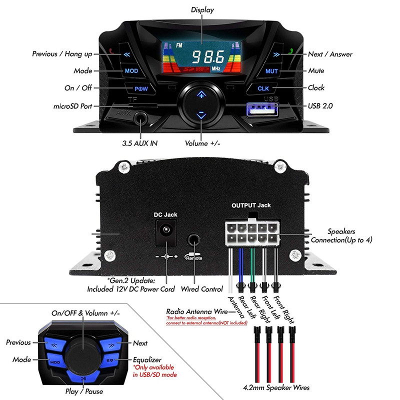 Difuzoare Bluetooth impermeabile pentru motociclete de 3 inchi Amplificator cu 4 canale Mp3 Sunet muzical sau Sistem de amplificare stereo