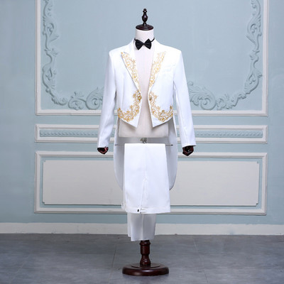 Frac alb pentru bărbați Costume cu broderie jacquard Frac 2 piese Costume pentru bărbați (jachetă+pantaloni) Set de smoking pentru mirii de bal.