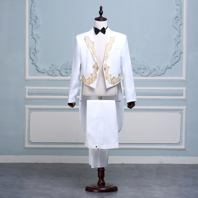 Frac alb pentru bărbați Costume cu broderie jacquard Frac 2 piese Costume pentru bărbați (jachetă+pantaloni) Set de smoking pentru mirii de bal.
