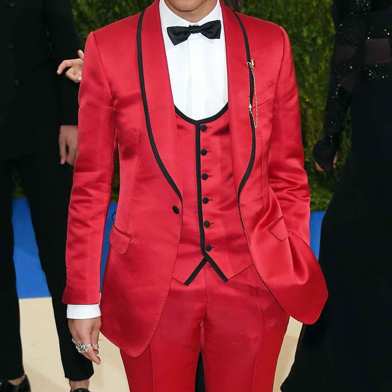 Costume de bărbați din satin roșu pentru cântăreț de bal 3 piese personalizate nuntă mire smoking șal rever set de modă jachetă cu vestă pantaloni 2022