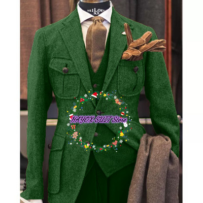 Costum pentru bărbați jachetă vestă pantaloni rever cu un singur piept din lână în spinare de pepei Blazer formal 3 piese