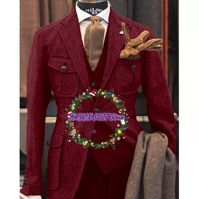 Costum pentru bărbați jachetă vestă pantaloni rever cu un singur piept din lână în spinare de pepei Blazer formal 3 piese