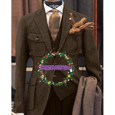 Costum pentru bărbați jachetă vestă pantaloni rever cu un singur piept din lână în spinare de pepei Blazer formal 3 piese