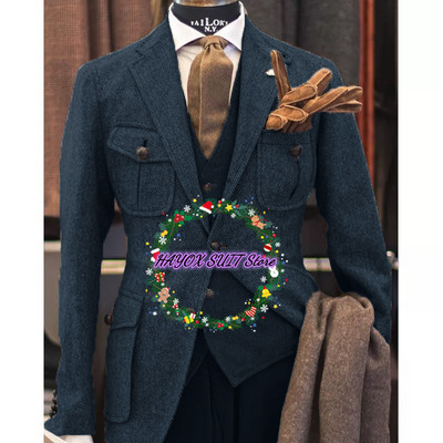 Costum pentru bărbați jachetă vestă pantaloni rever cu un singur piept din lână în spinare de pepei Blazer formal 3 piese