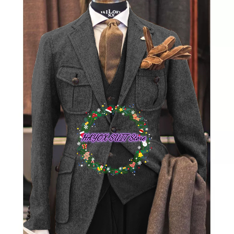 Costum pentru bărbați jachetă vestă pantaloni rever cu un singur piept din lână în spinare de pepei Blazer formal 3 piese