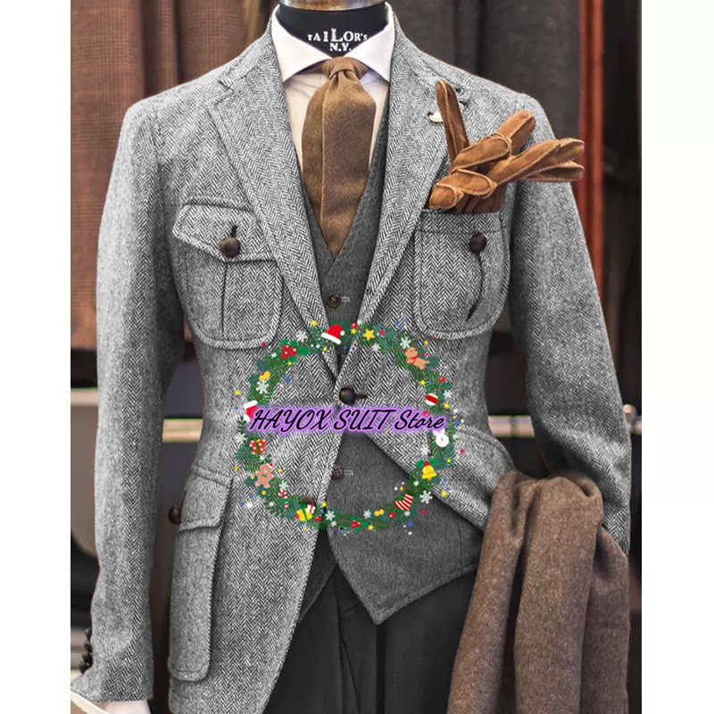 Costum pentru bărbați jachetă vestă pantaloni rever cu un singur piept din lână în spinare de pepei Blazer formal 3 piese