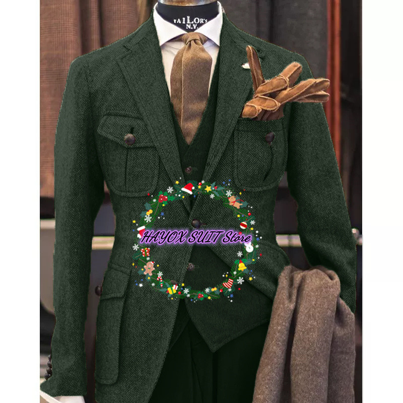 Costum pentru bărbați jachetă vestă pantaloni rever cu un singur piept din lână în spinare de pepei Blazer formal 3 piese