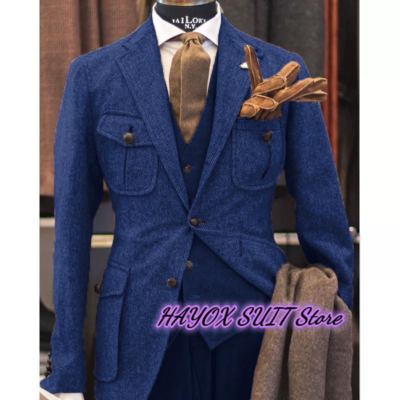 Costum pentru bărbați jachetă vestă pantaloni rever cu un singur piept din lână în spinare de pepei Blazer formal 3 piese