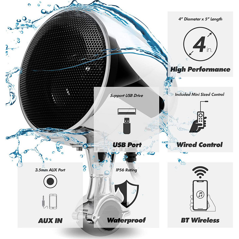 Difuzoare Bluetooth stereo Aileap SPK350 Pro modernizate de 4 inci, impermeabile, pentru motociclete ATV, cu amplificator încorporat de 300 W, USB AUX MP3