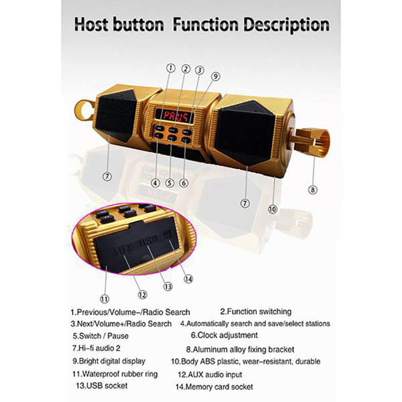 Motociklo MP3 grotuvas vairo garsiakalbis Bluetooth muzikos FM radijas atsparus vandeniui reguliuojamas laikiklis dviračio garso stereo 12V