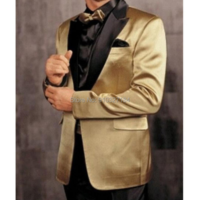 Costume de bal pentru bărbați, 2 piese, cu rever cu vârf, smoking de nuntă din satin auriu, pentru domnișoare, jachetă personalizată pentru bărbați, cu pantaloni negri Nou
